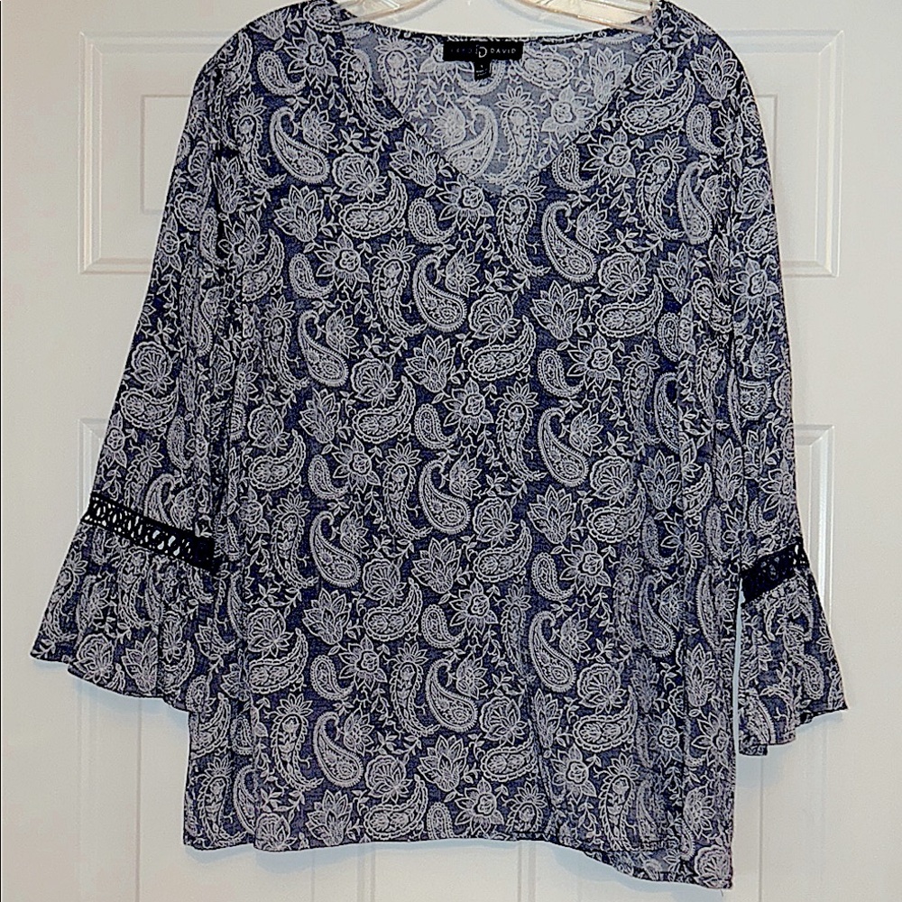 Fred David Paisley V-Neck Top L Chambray Blue Bell LS Lightweight Denim